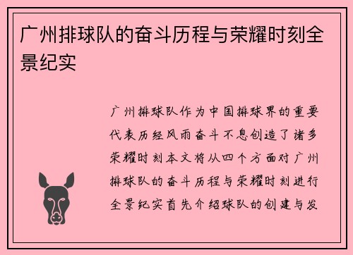 广州排球队的奋斗历程与荣耀时刻全景纪实
